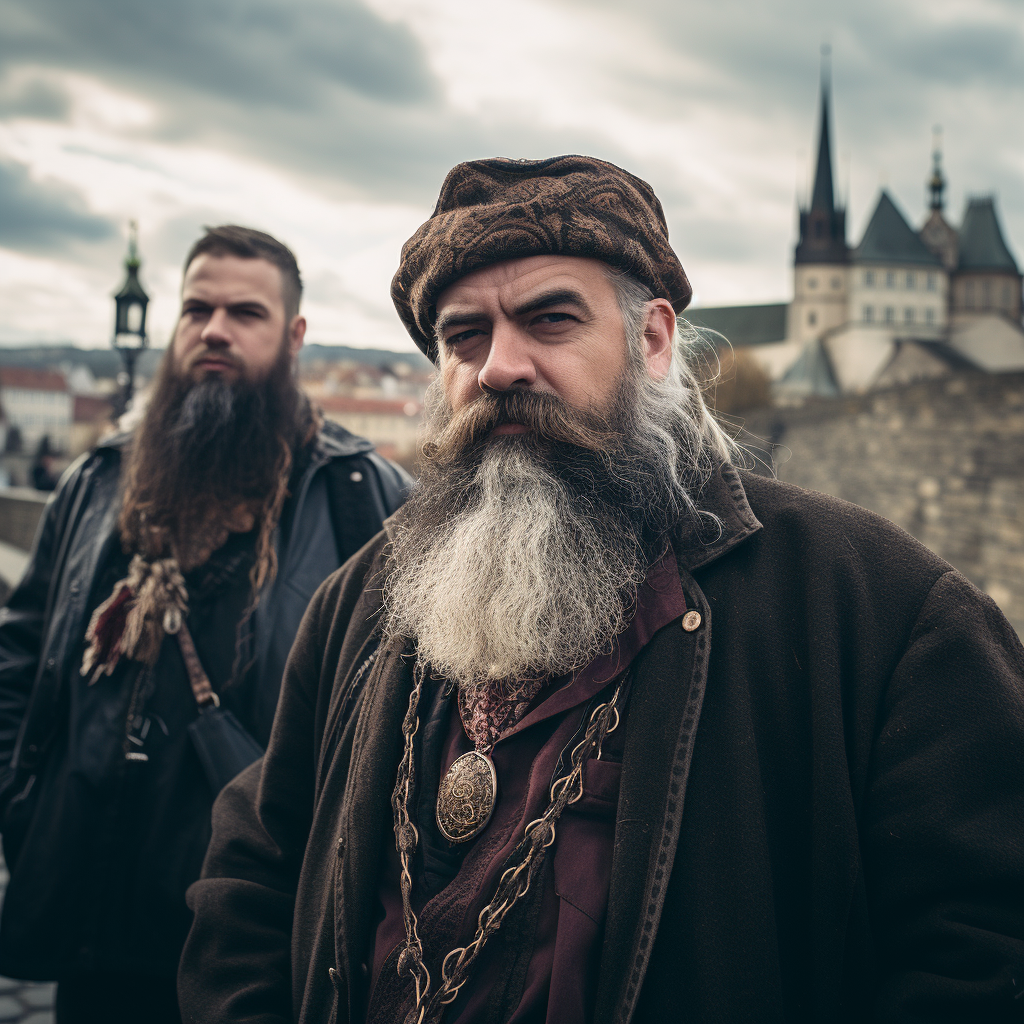 Middle-aged man with a big beard on Charles Bridge in Prague