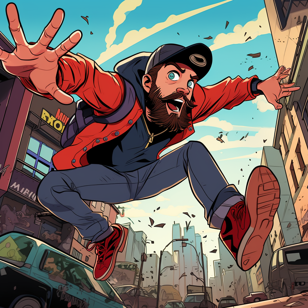 Cartoon of a bearded man in snapback and streetwear falling in Mexico City