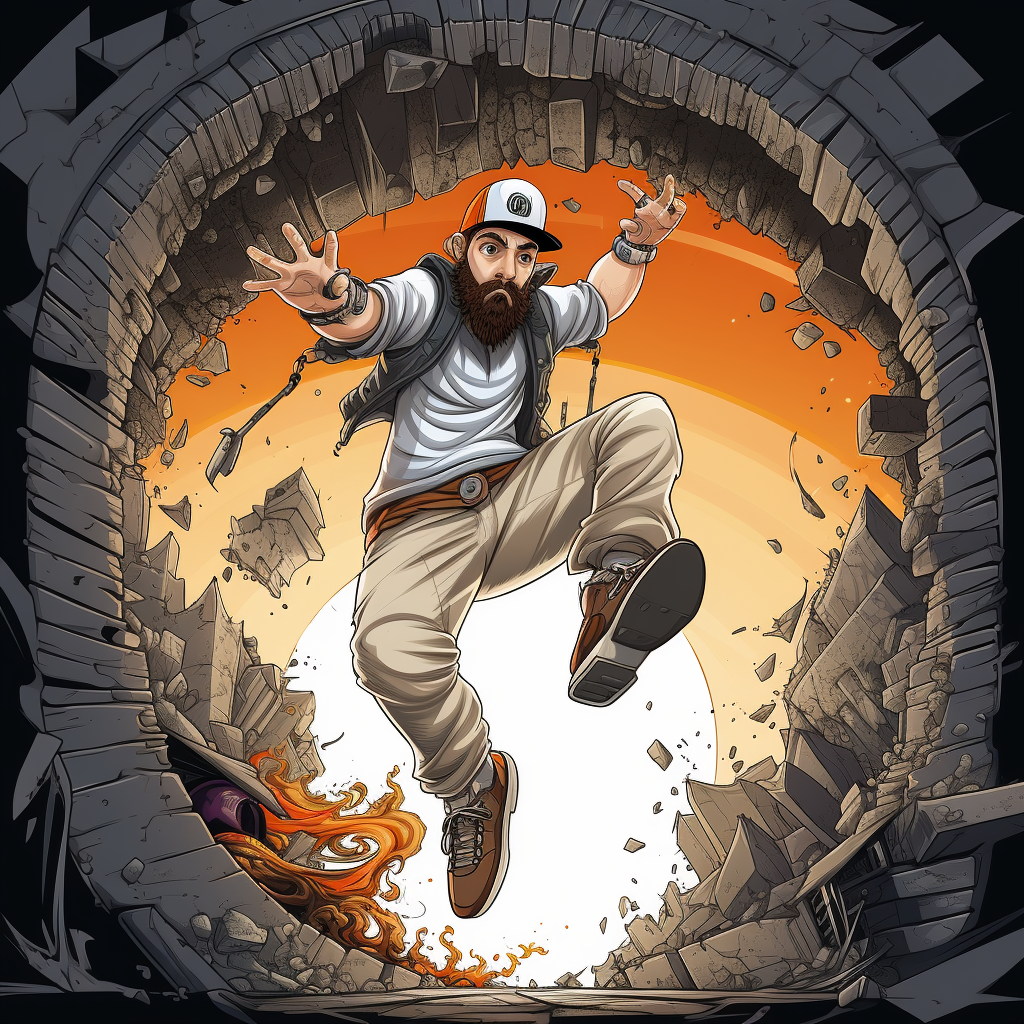 Cartoon of bearded man in streetwear falling to Mexico City