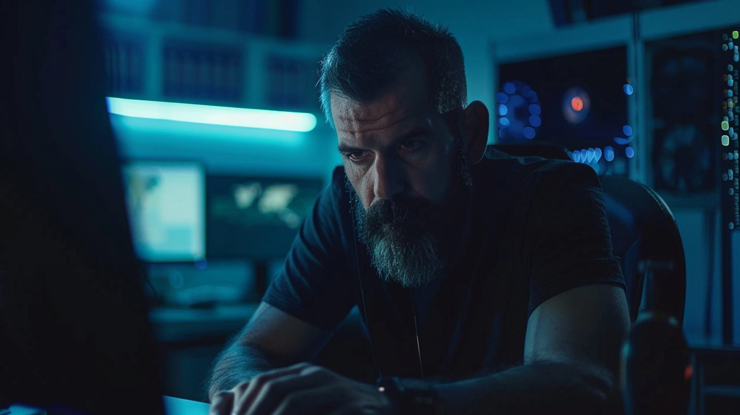 Bearded man holding shield and using computer