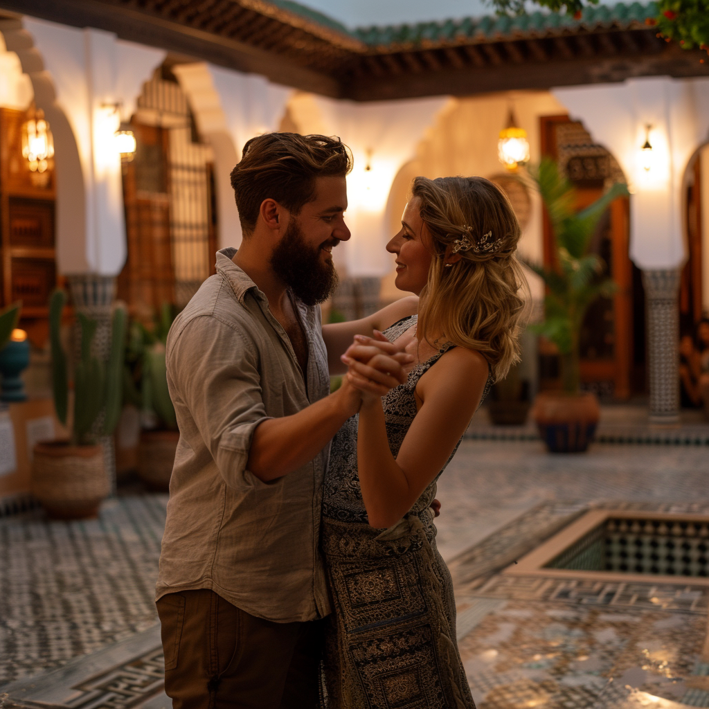 Bearded man and woman dancing at dusk