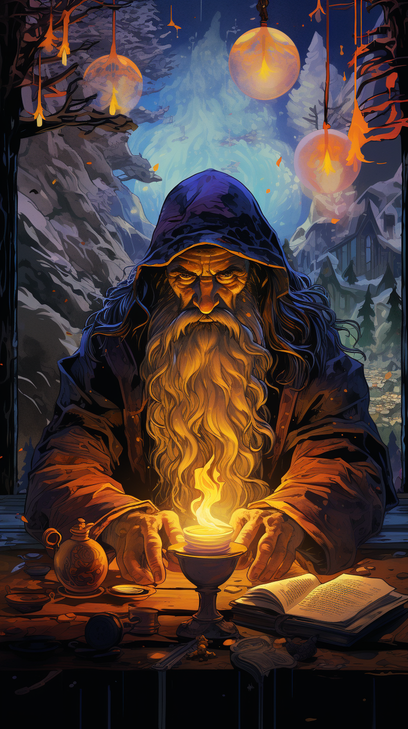 Illustration of a bearded wizard in a potion hut