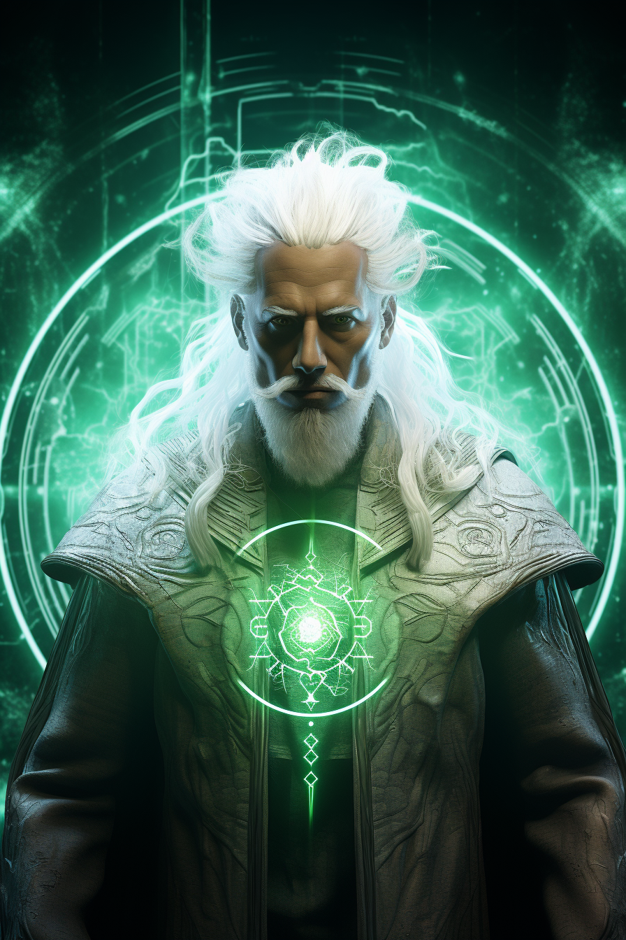 Beardless warrior in futuristic robe with forcefield and green lightning