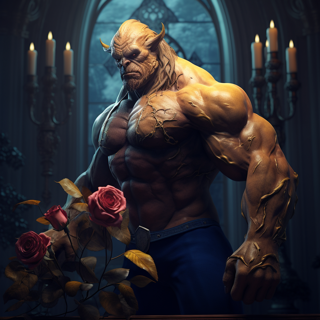 Beast as Bodybuilder with Enchanted Rose