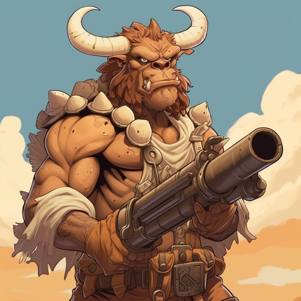 Cartoon beastman cow humanoid with bazooka