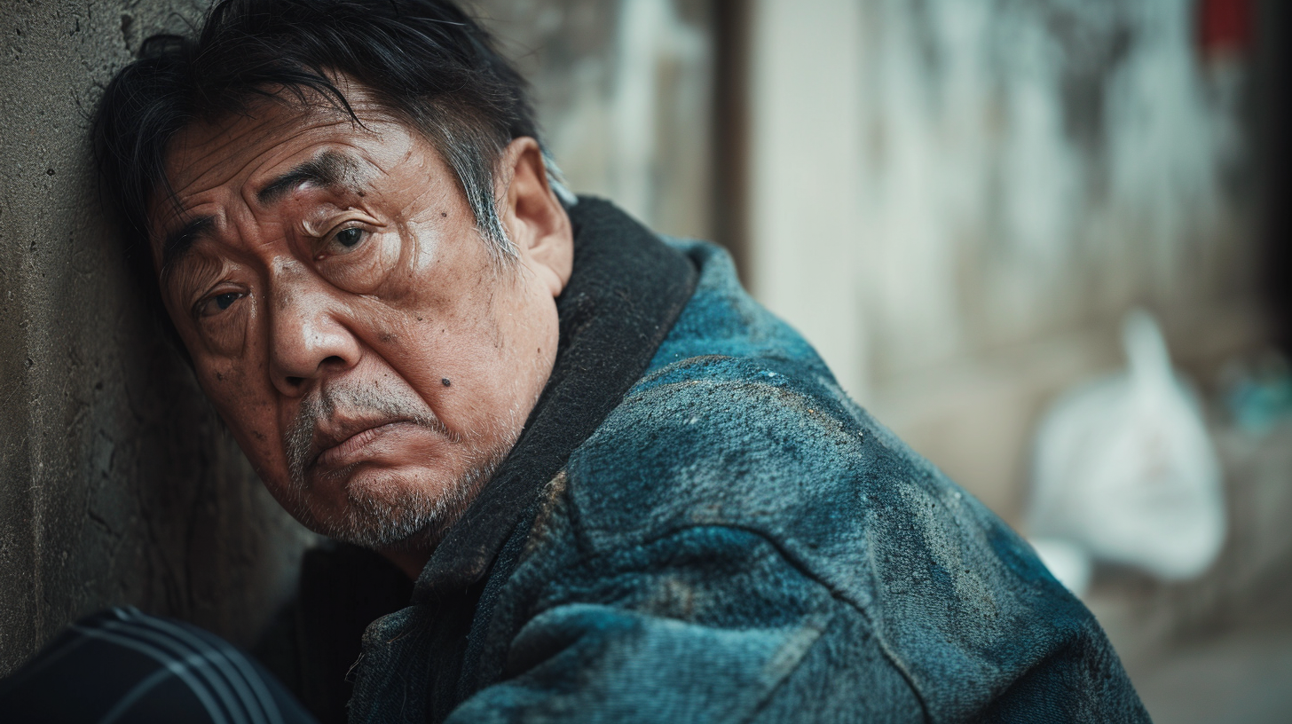 Beaten Chinese man sitting against wall