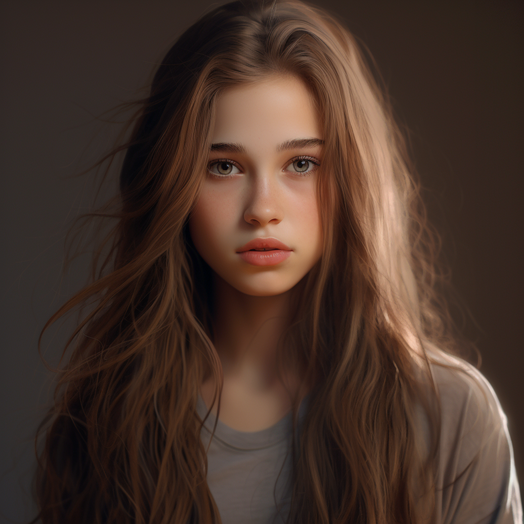 Beautiful 15-year-old girl with brown eyes and long hair.