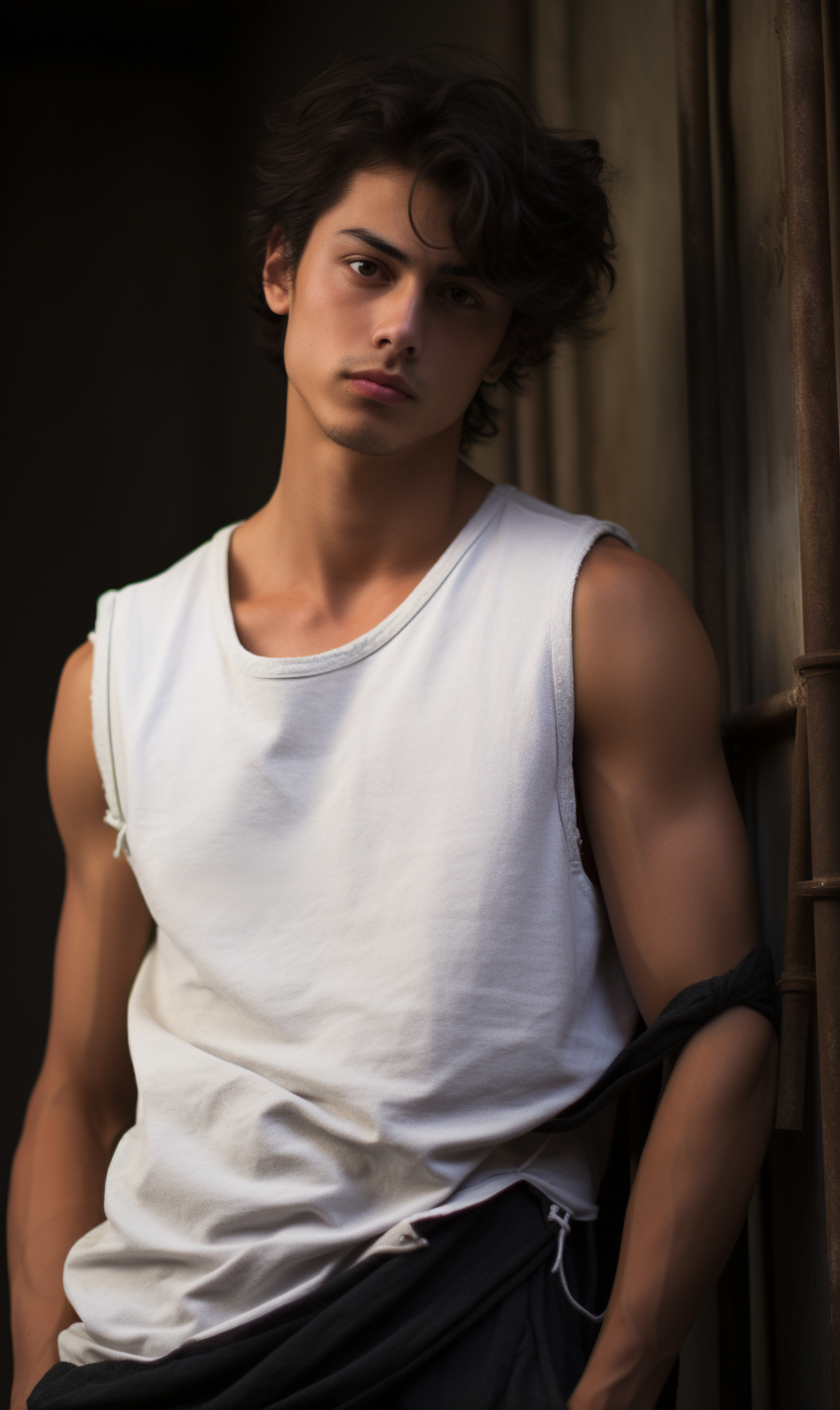 21yo male model in sleeveless shirt showing off his style