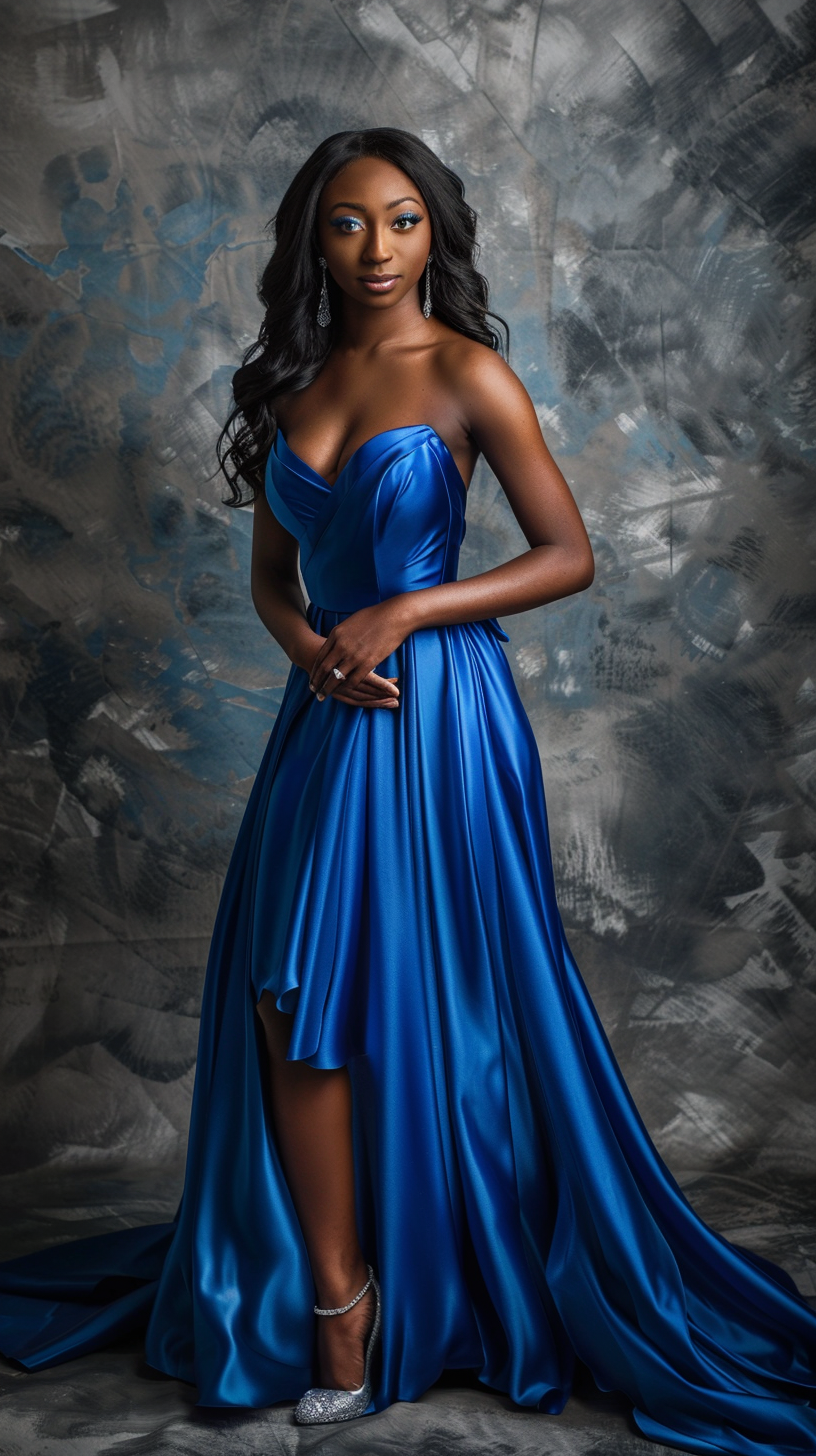 African American woman in blue satin dress (6 words)