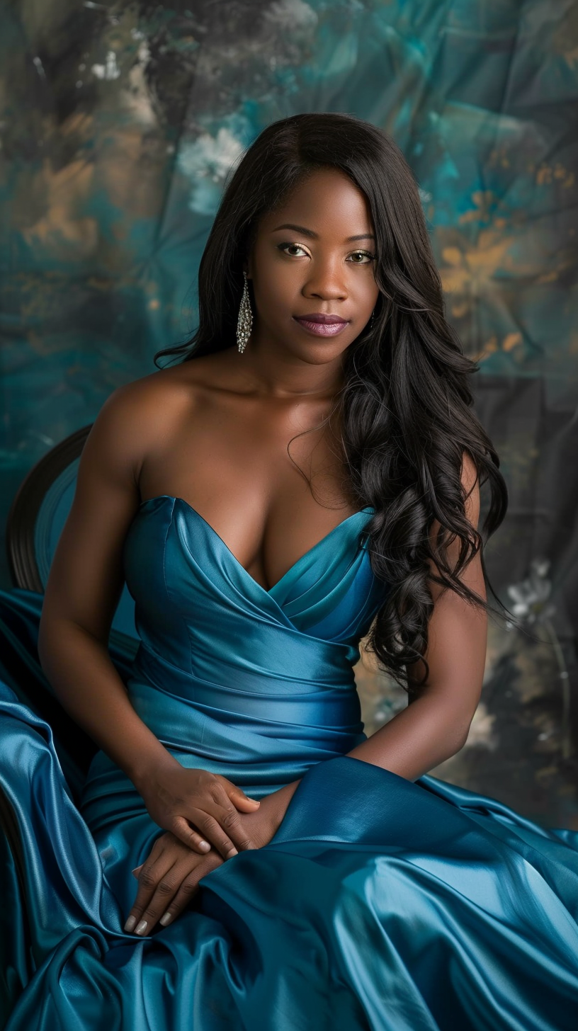 Thin African American woman in blue satin dress