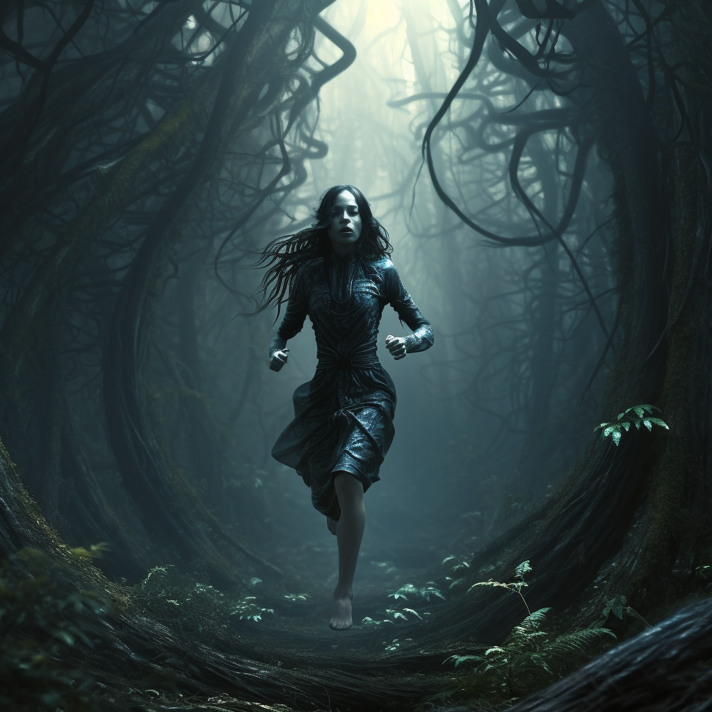 Alien woman running through forest gracefully