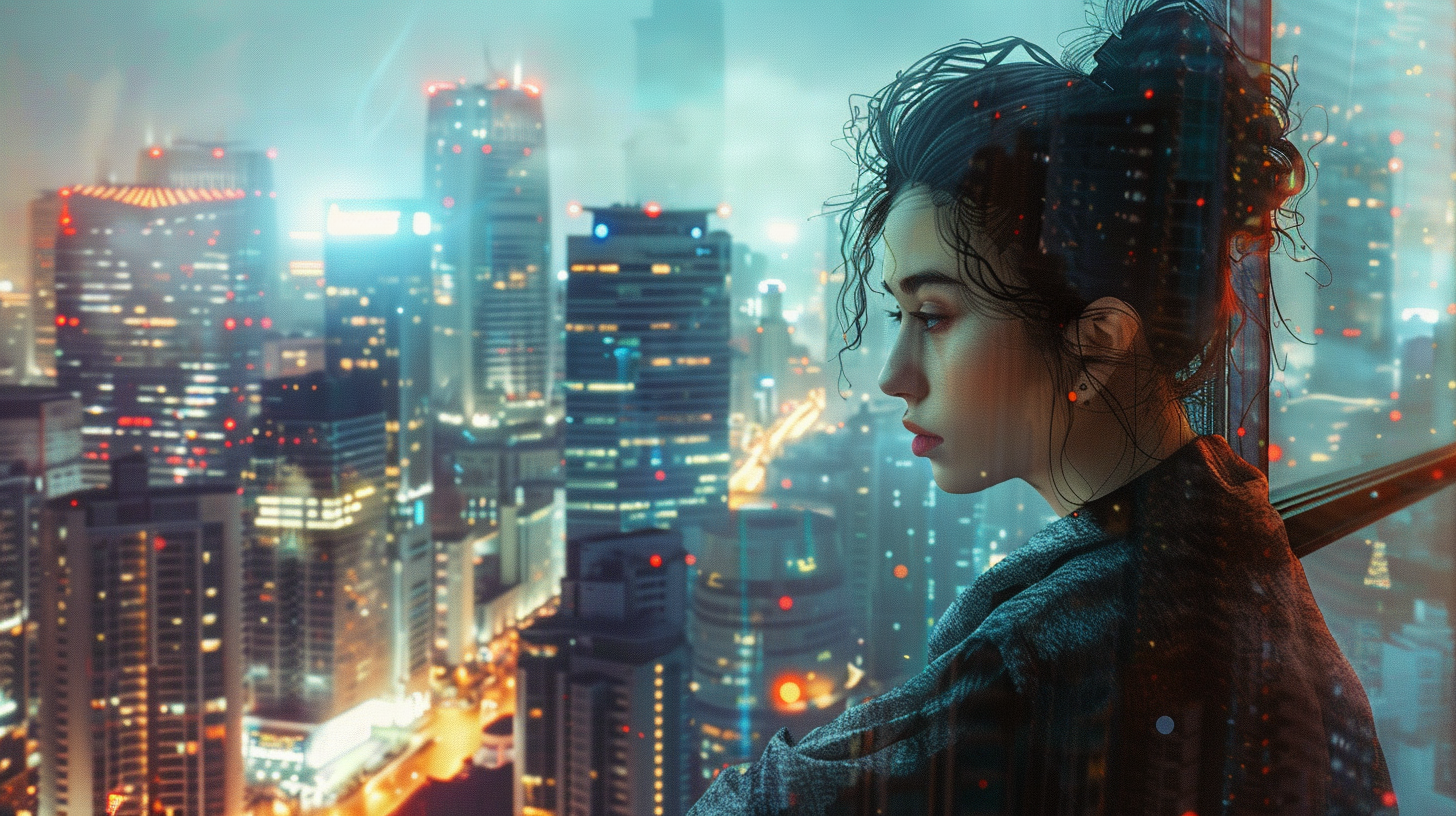 Androgynous woman in cyberpunk city