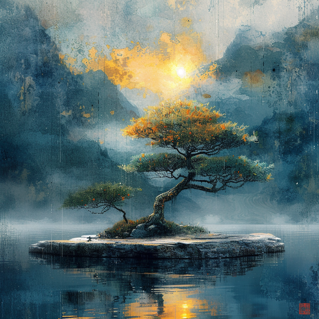 Dramatic Bonsai Watercolor Clipart Image