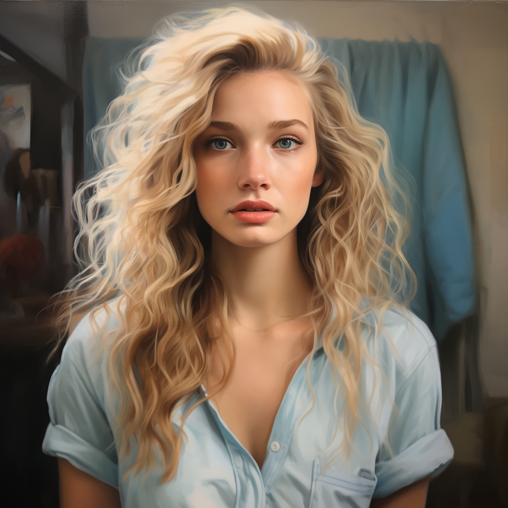 Beautiful artist painting with blonde curly hair