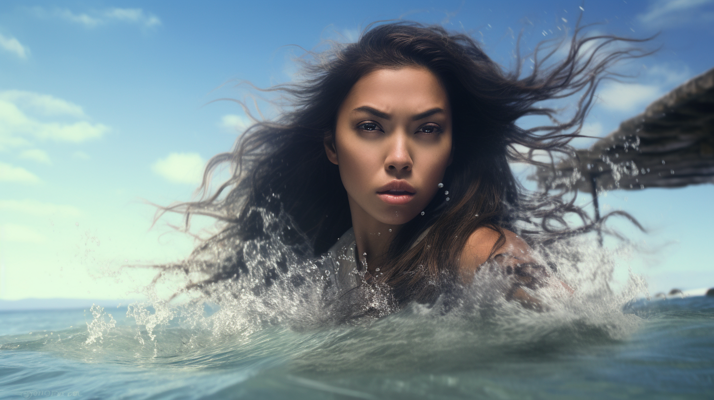 Asian model swimming in stormtrooper-filled ocean