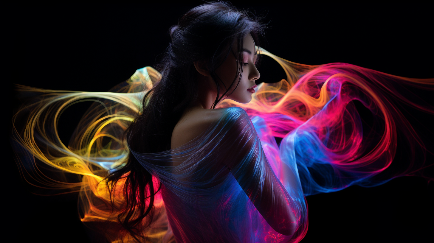 Beautiful Asian model in neon fractal mist