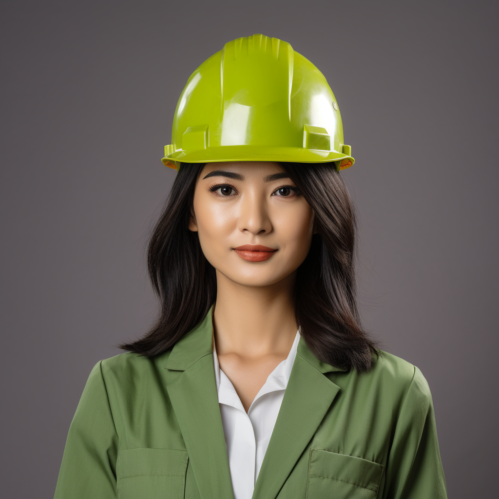 Asian woman in construction helmet posing