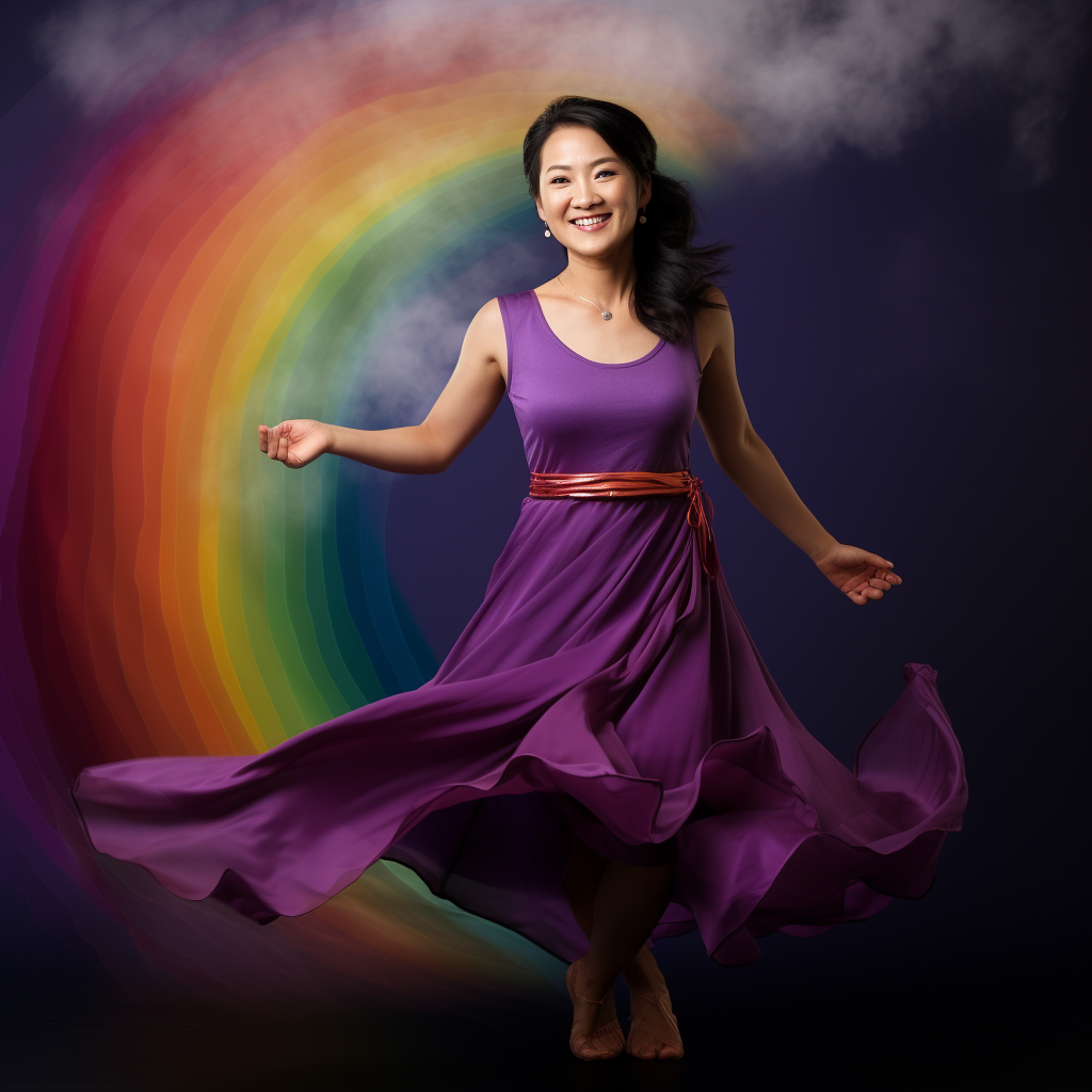 Beautiful Asian Woman in Purple Dress on Rainbow