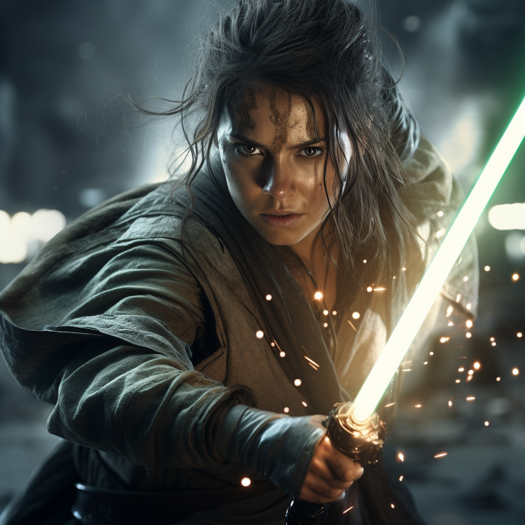 Jedi warrior with lightsaber in battle