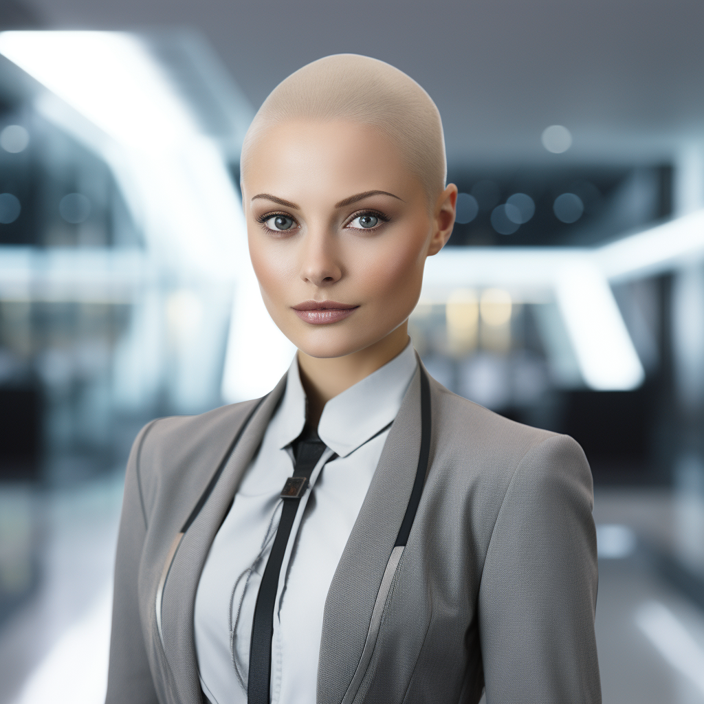 Beautiful bald AI receptionist female