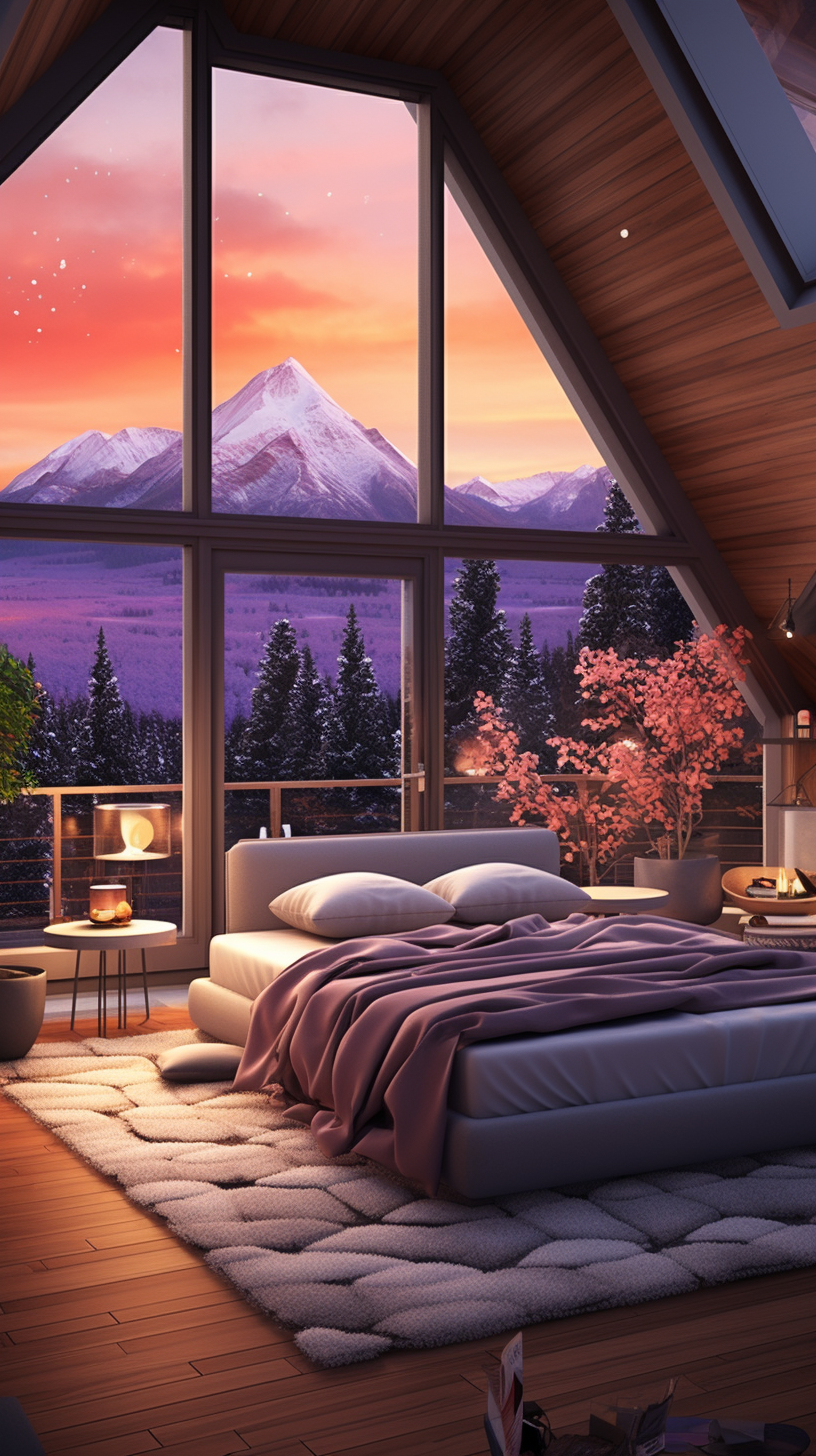 Bedroom with Snowy Mountain and Aurora Borealis View