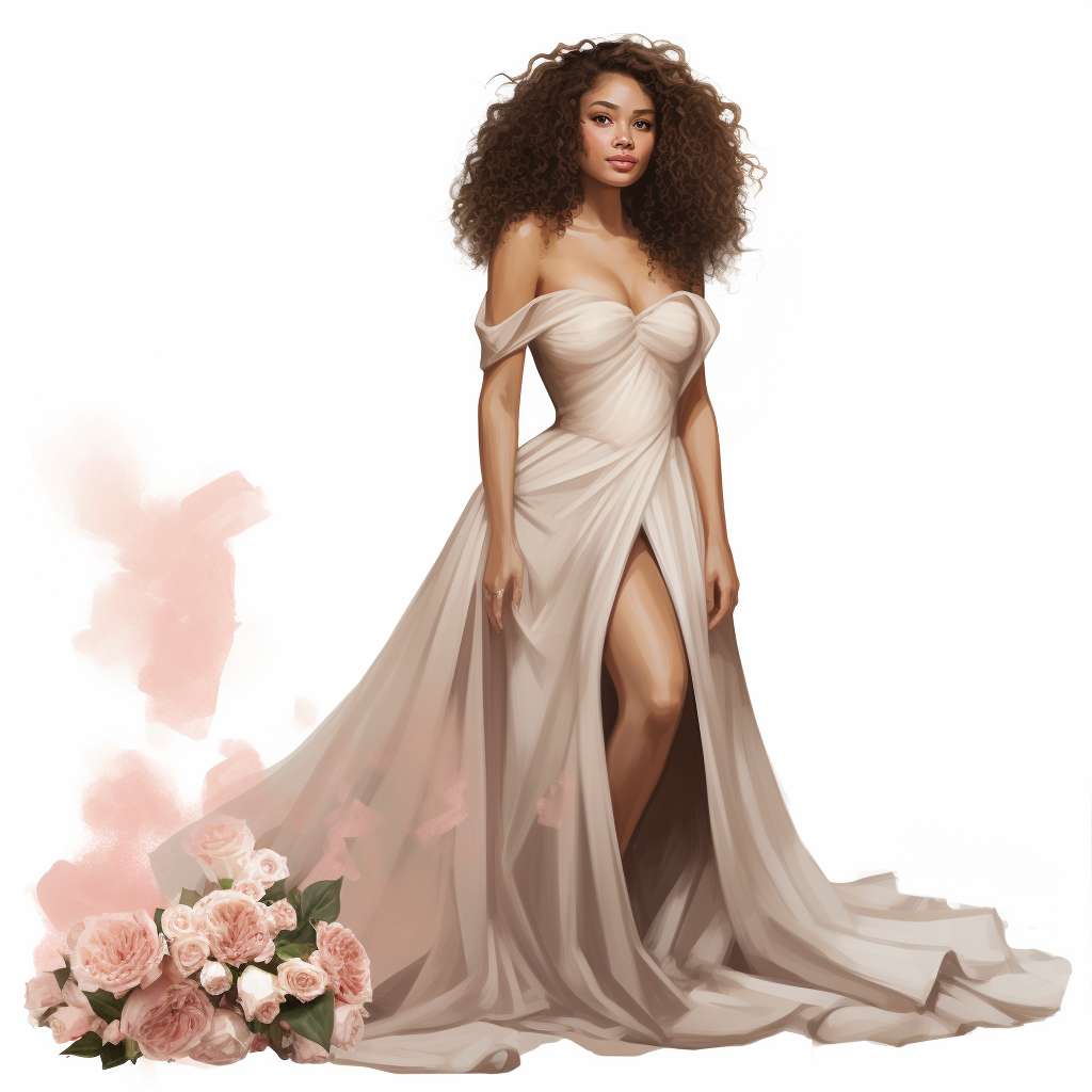 Elegant biracial bride in off-shoulder wedding dress