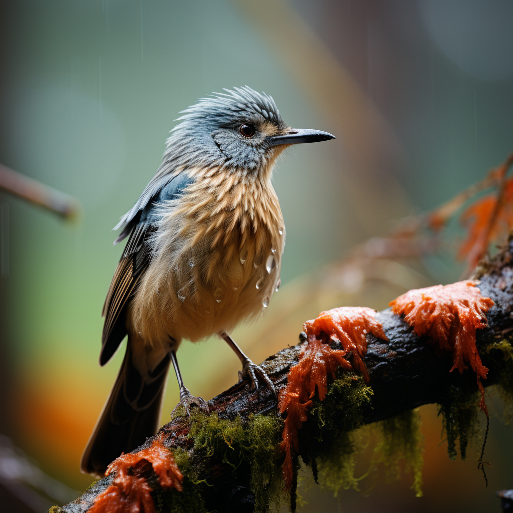 Beautiful bird overlooking ants in forest