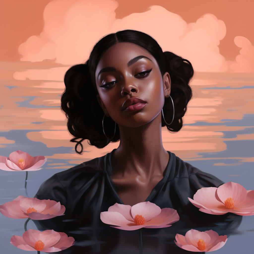 Beautiful black girl surrounded by lilypads