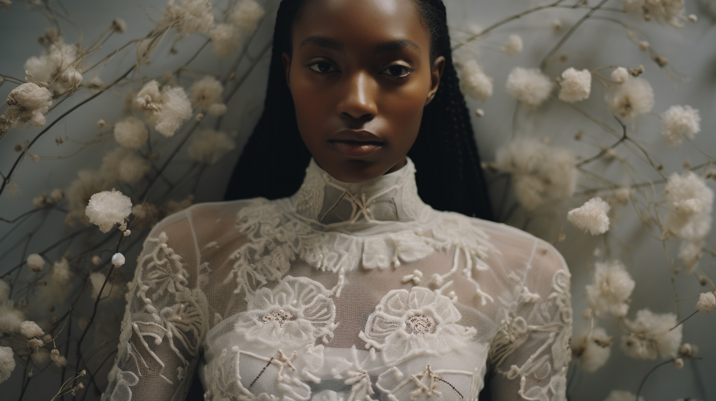 Stylish black model in embroidered dress