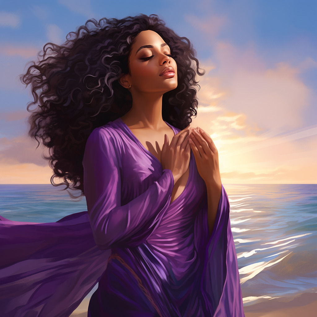 Black woman in beautiful purple dress praying