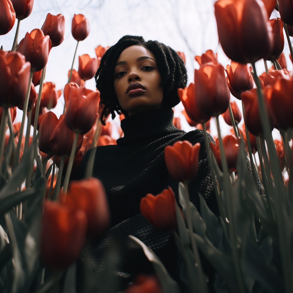 Hyperealistic image of a beautiful black woman surrounded by tulips