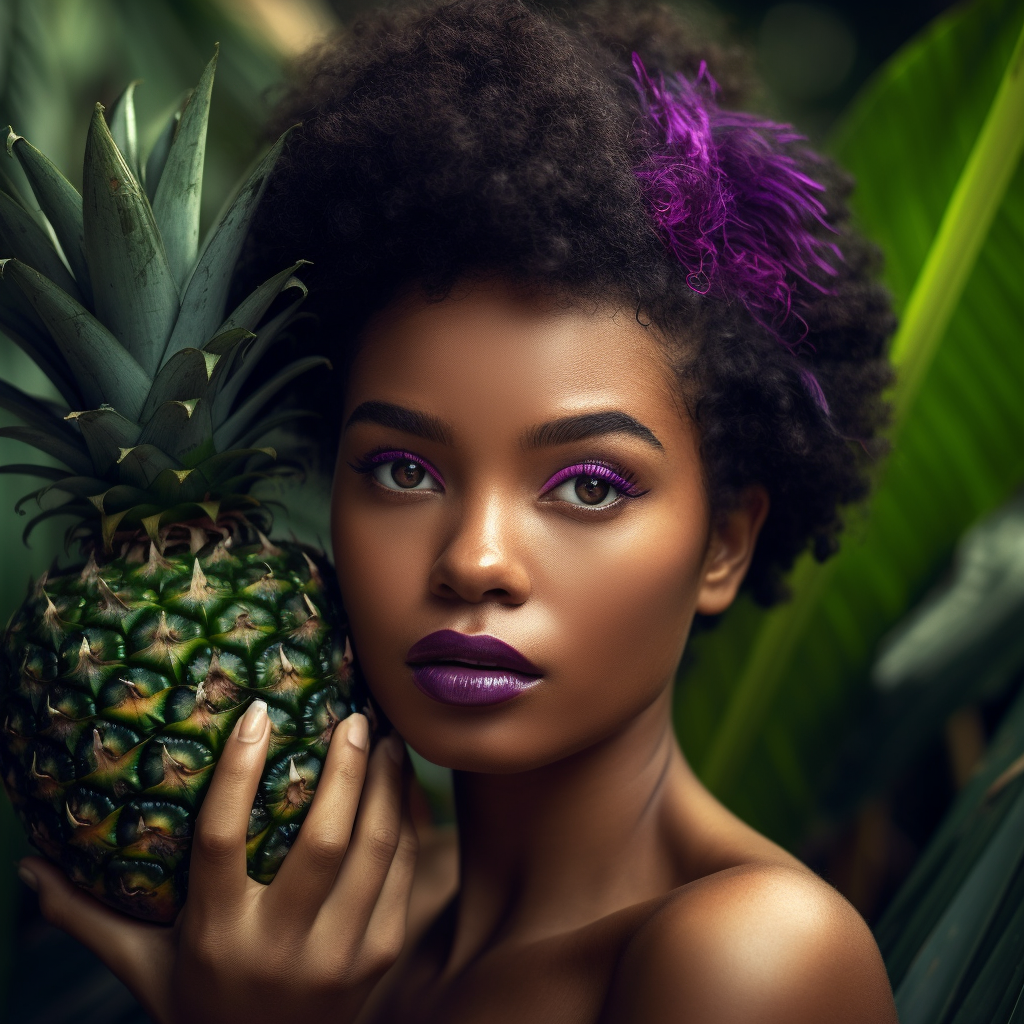 Gorgeous black woman with pineapple leaves in hair