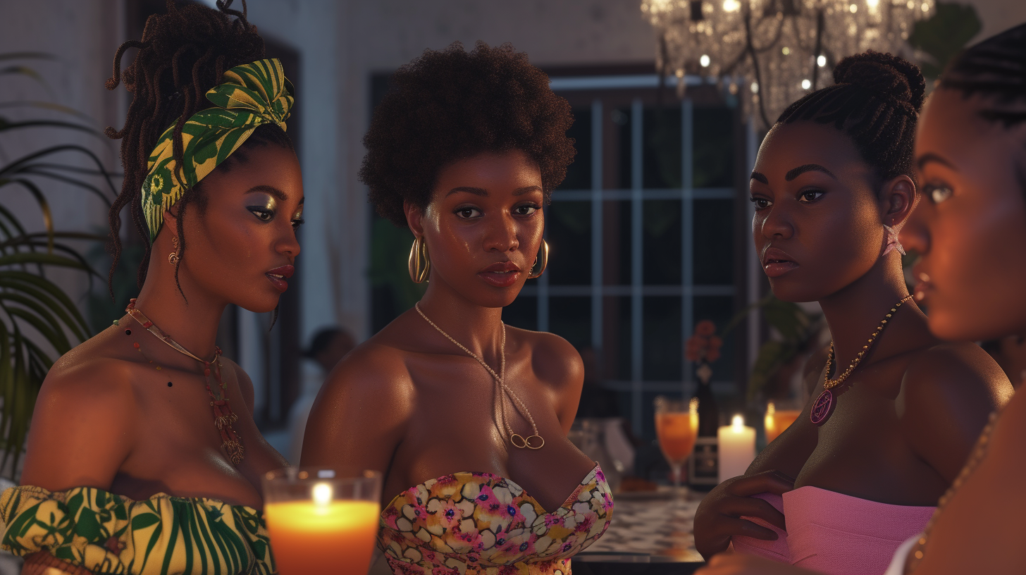 Beautiful black women at a mansion party