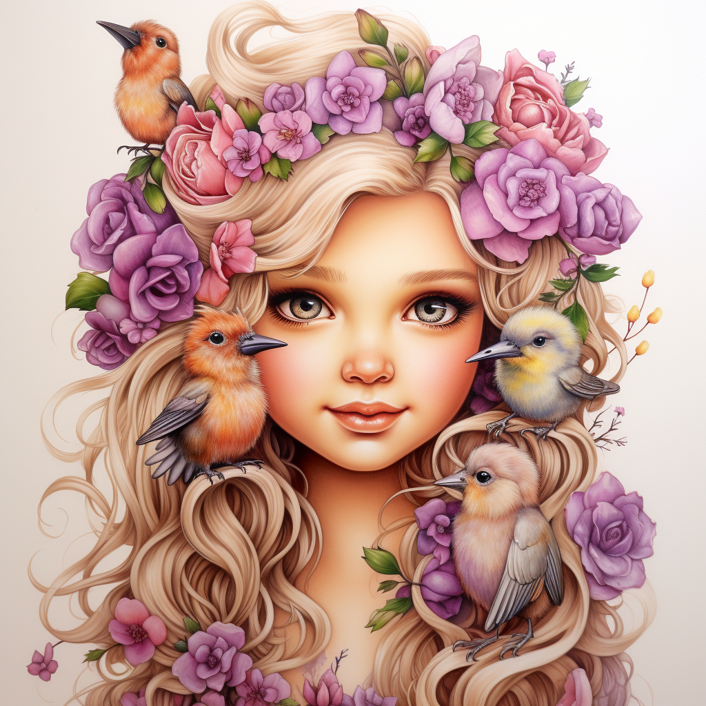 Blonde girl with flowers and birds