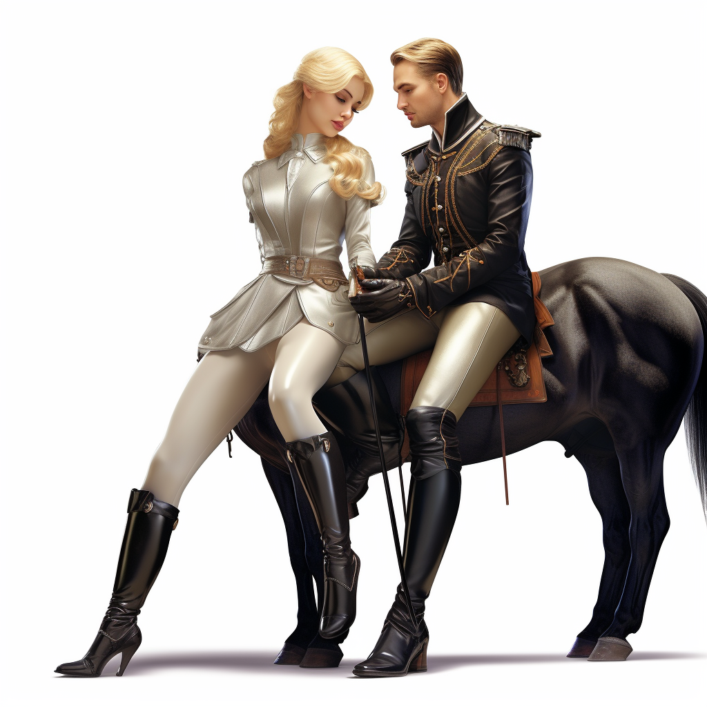 Gorgeous blond lady with cavalry soldier on horse