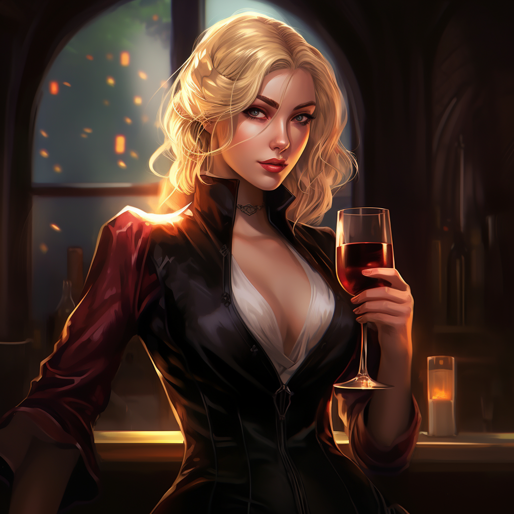 Blonde anime girl with red wine