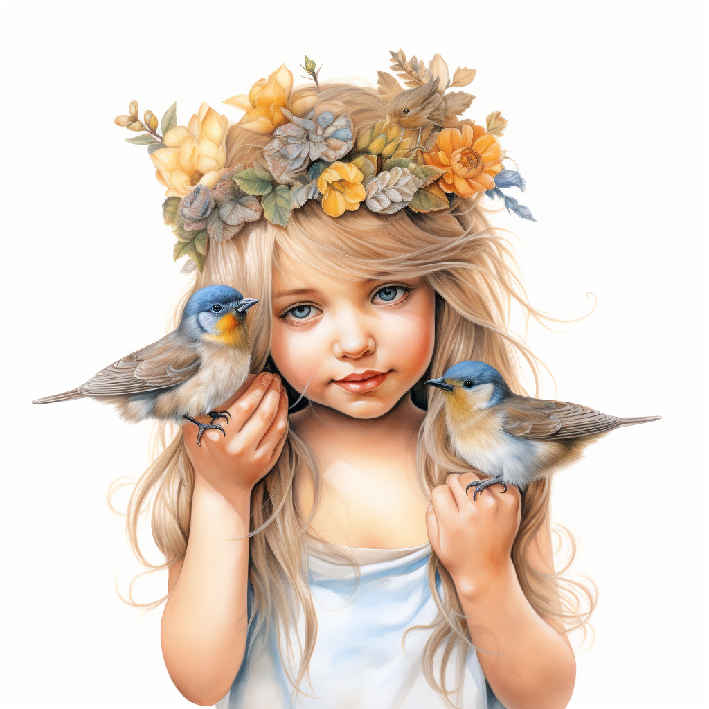 Blonde girl with flowers holding small birds