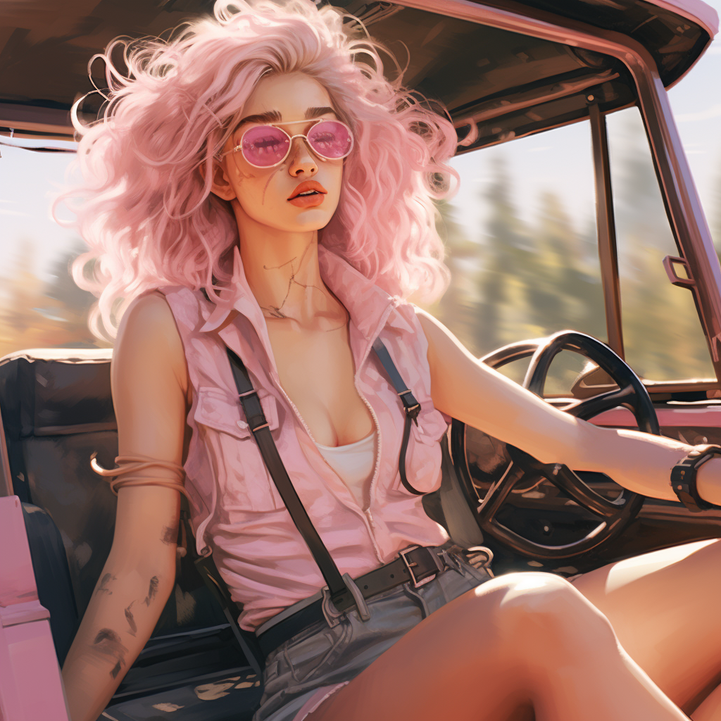 blonde-haired woman driving pink jeep