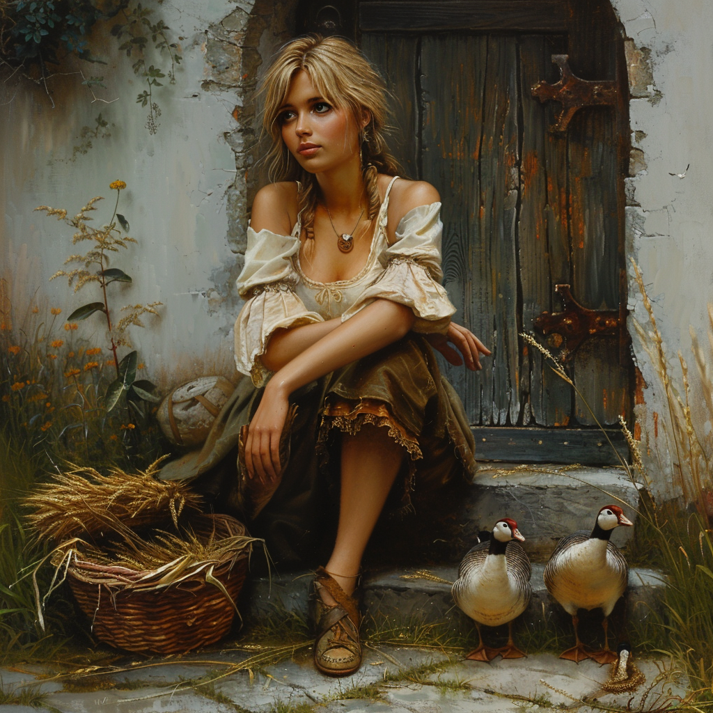 Blonde peasant woman sitting farmhouse steps