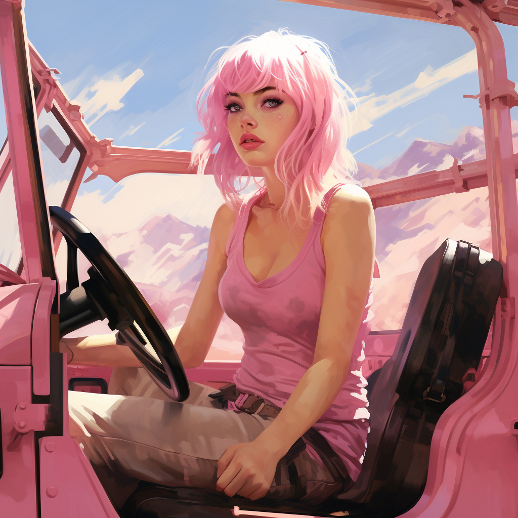 Blonde Woman Driving Pink Jeep