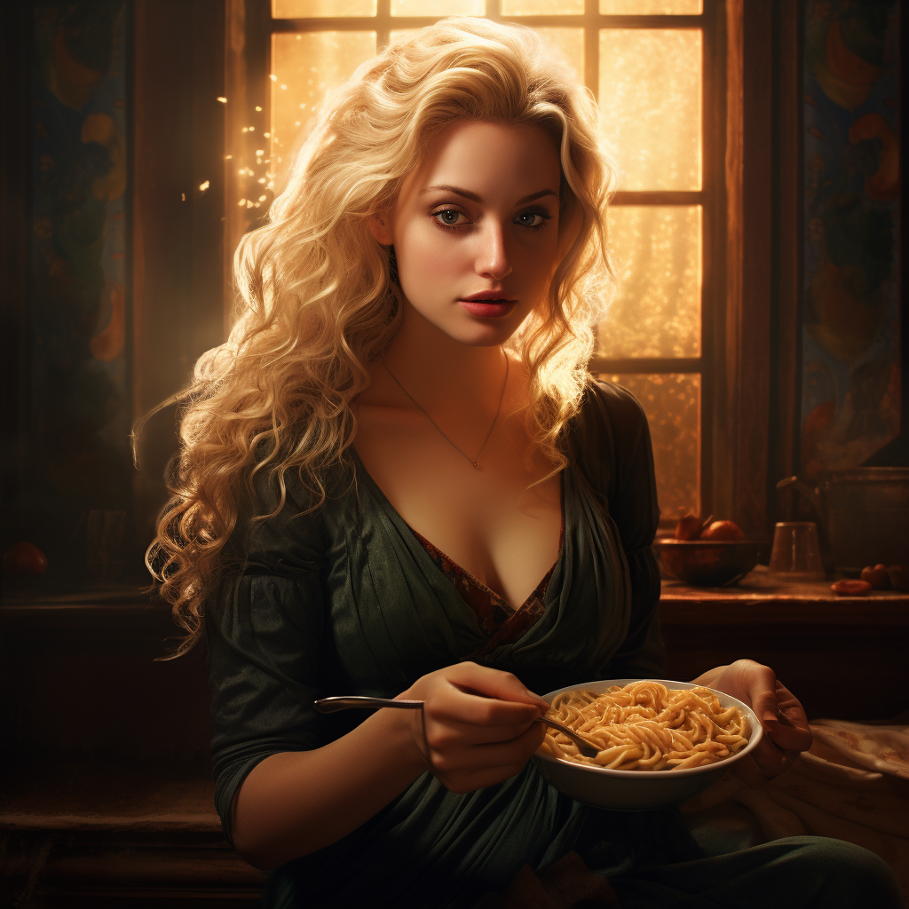 Beautiful blonde woman enjoying a bowl of pasta