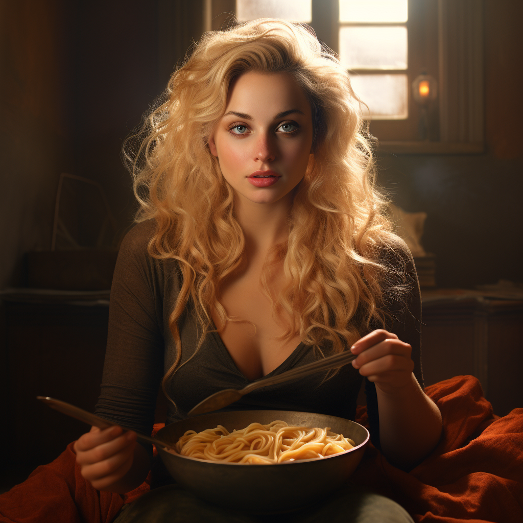 Blonde woman enjoying a delicious pasta meal