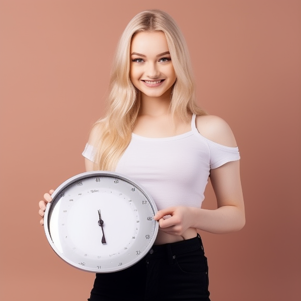 Blonde woman displaying balanced scale