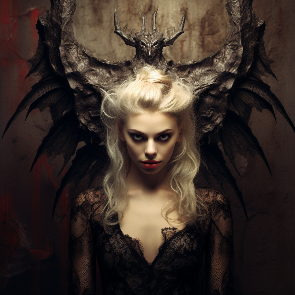 Beautiful blonde woman with horns and bat wings