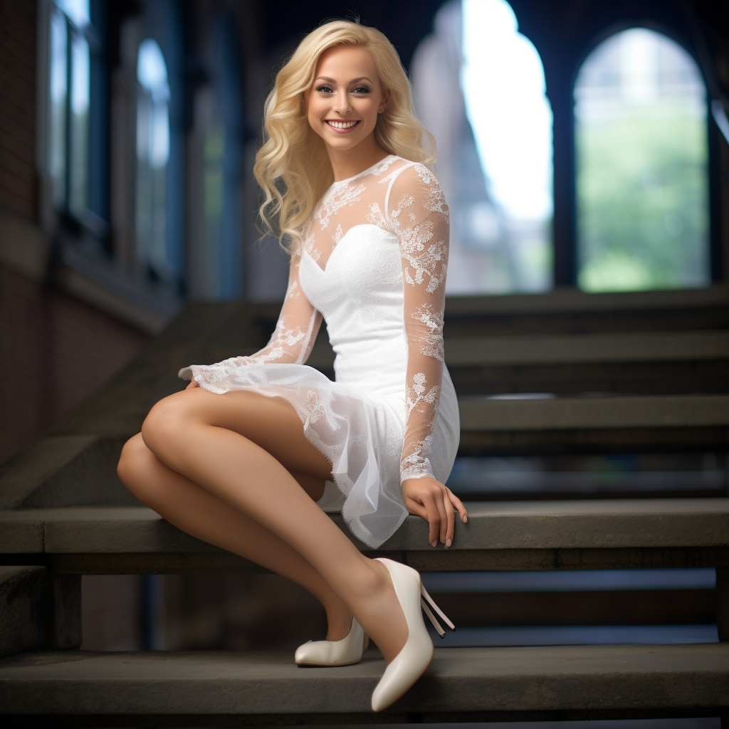 Blonde woman in pink dress and white lacey pantyhose