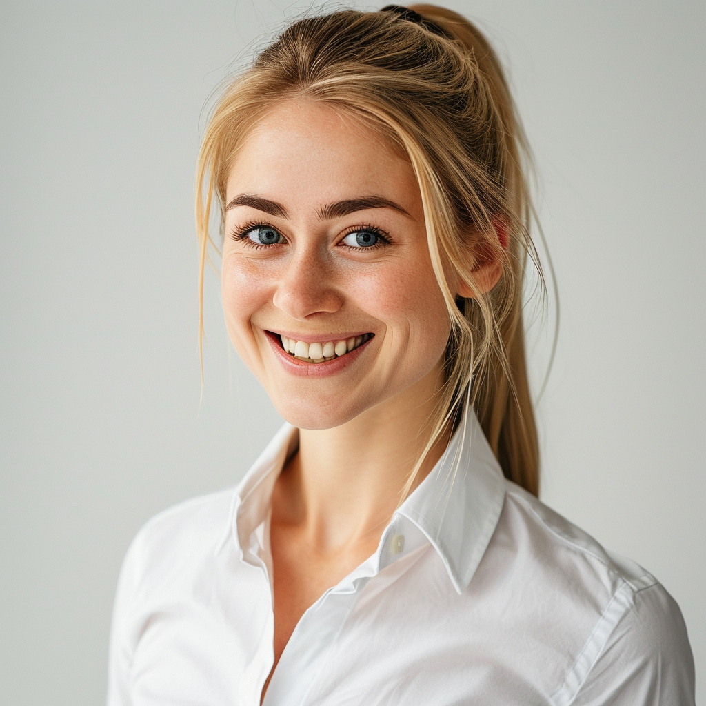 Athletic blonde woman with straightened pony tail