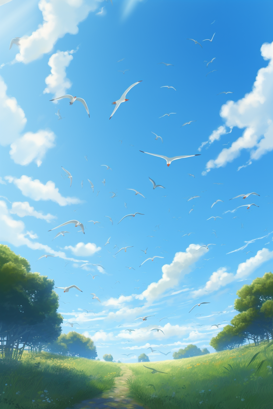 Serene blue summer sky with seagulls