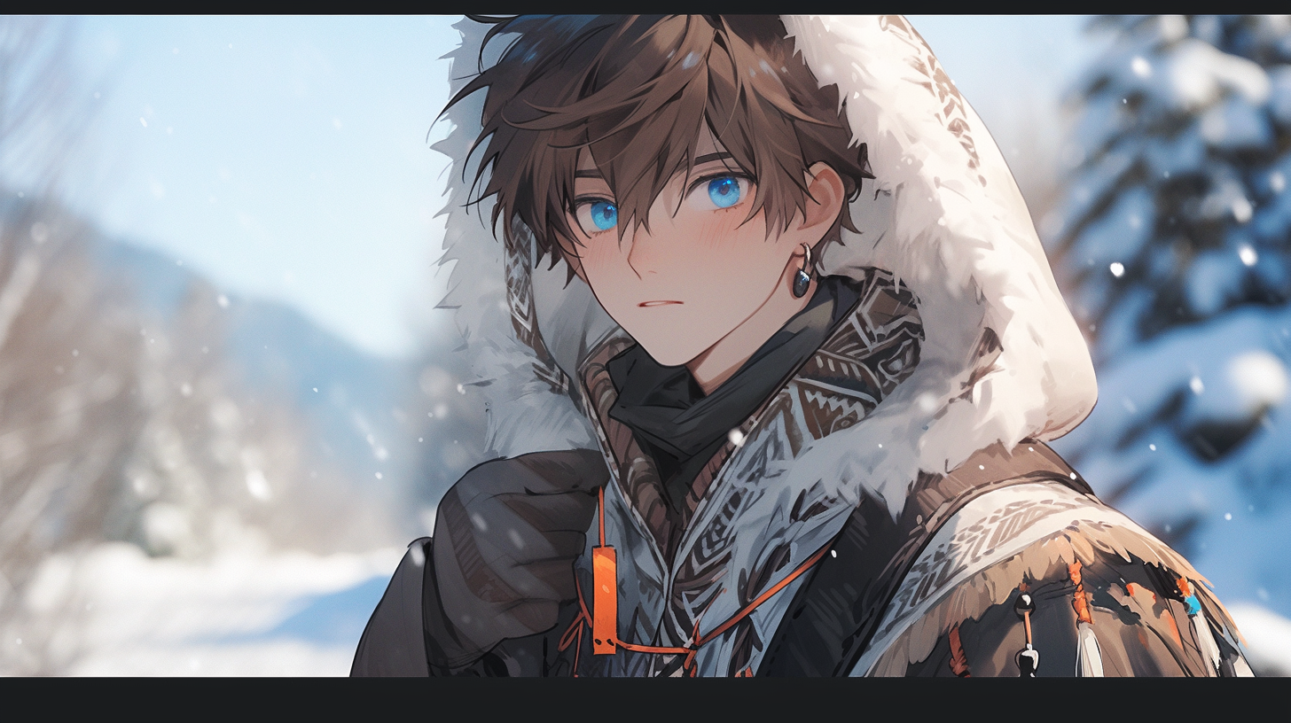 Handsome boy with blue eyes in winter mountains