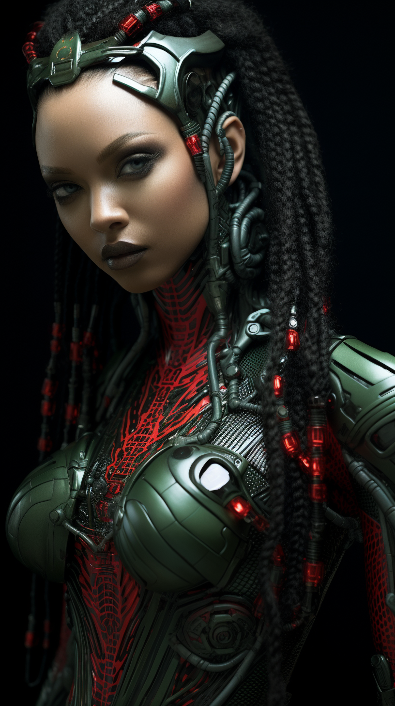 Elegant braided cyborg wearing red and green futuristic outfit