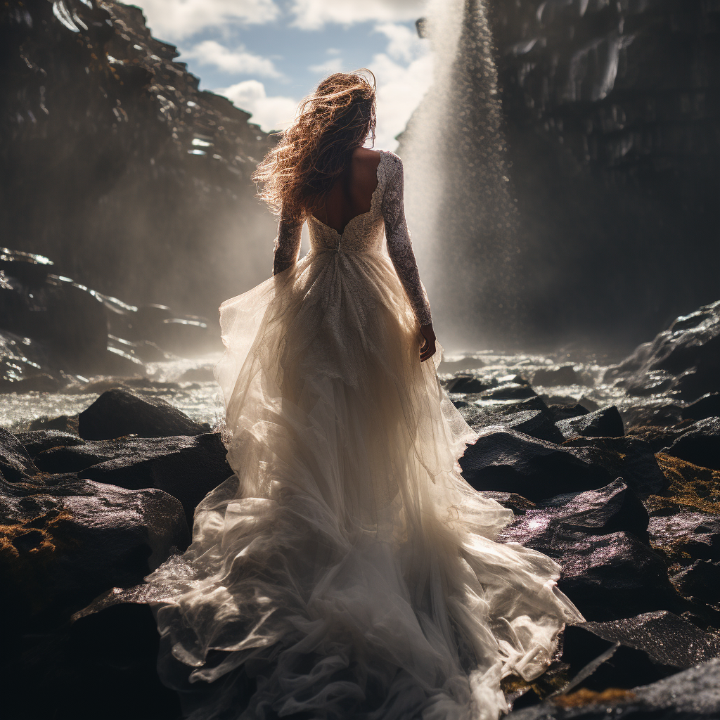 bride with white veil at waterfall